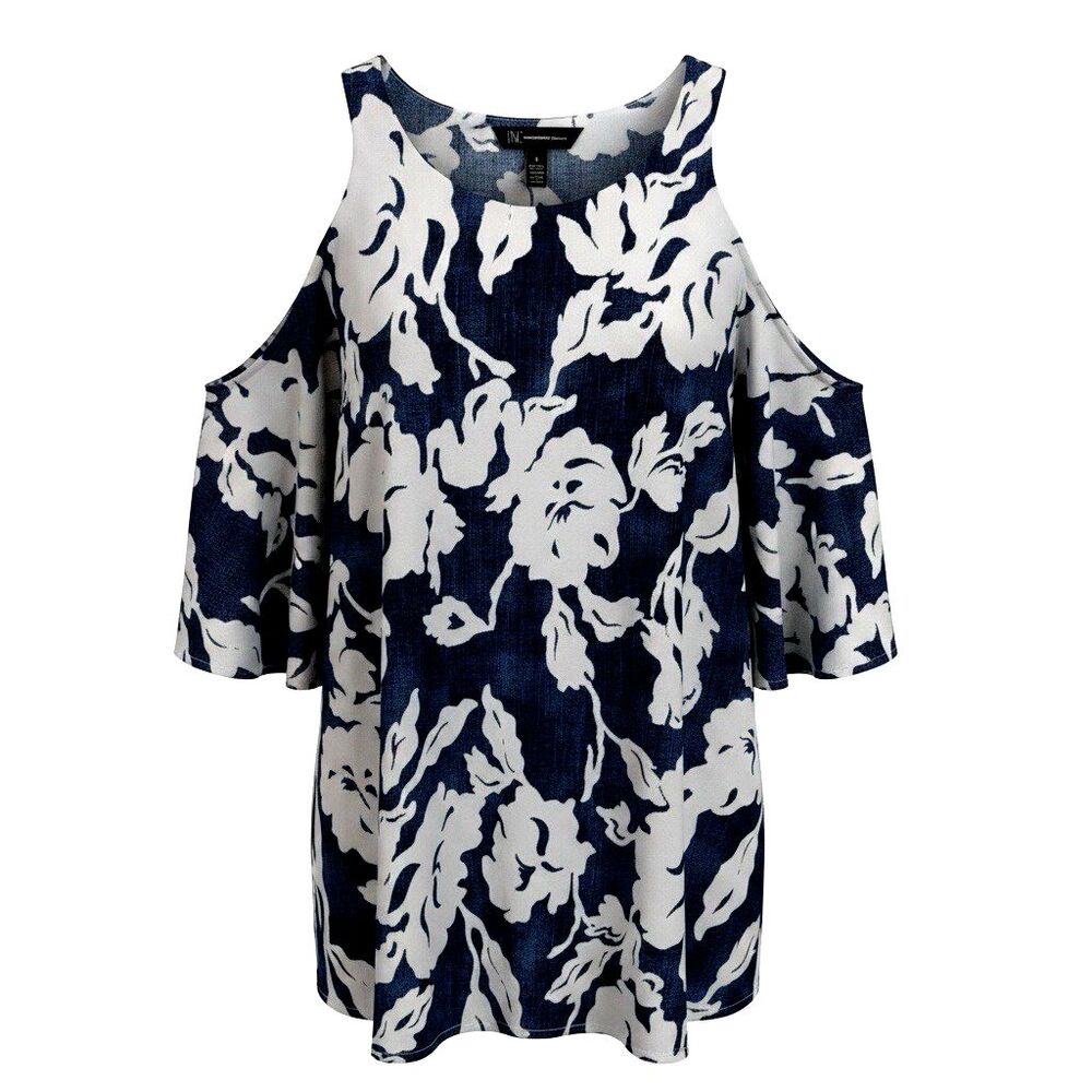 Inc International Concepts XL Cold Shoulder Blue White Top